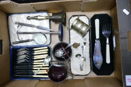 A mixed collection of items to include Cased Cutlery, Ornamental Silver plated desk set, condiment