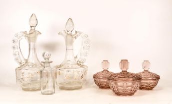 Six Items of Glass to include two Enamelled Glass Decanters, Crystal Bottle and three dressing table