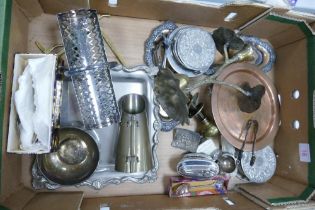 A mixed collection of metalware items to include brass picture frame, Brass Candlestick, silver