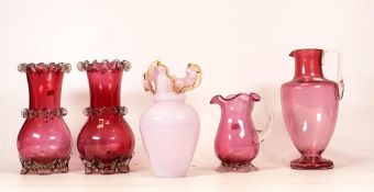 Five Victorian and Later Glass Vases and Jug to include one Pink Vaseline Glass Vase and Four