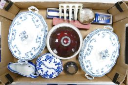 A mixed collection of items to include Losol ware tureens, Blue & white patterned items, Inkwell,