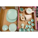 A collection of Poole Pottery Mid Century two tone tea & dinnerware (missing hot water pot lid)(2)