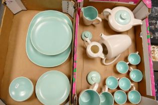 A collection of Poole Pottery Mid Century two tone tea & dinnerware (missing hot water pot lid)(2)