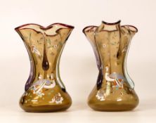 Pair Victorian Hand Painted Glass Vases decorated with peacocks, height 18.5cm(2)