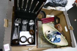 A mixed collection of items to include Cased Aldi Cutlery part set, Brass Book cover, carved