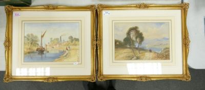 A Pair of Framed Watercolours, One depicting a river moored boat with village to background,