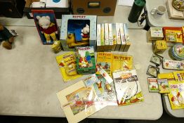 A collection of vintage Rupert The Bear items including Bendy Foam figure, Carded Bean Figure,