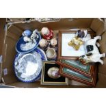 A mixed collection of items to include framed prints, Goebel type Monk storage jars, Sylvac type