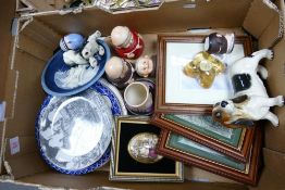 A mixed collection of items to include framed prints, Goebel type Monk storage jars, Sylvac type