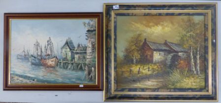 Two Oil on Canvas Artworks, one Millscene signed T. Kirlink together with Dockscene signed