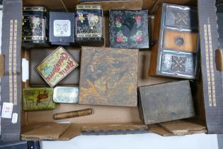 A collection of vintage tin advertising boxes, wooden casket & similar