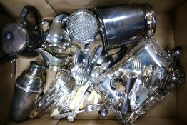A collection of silver plated items to include Cocktail shaker & measure, loose cutlery, dishes ,