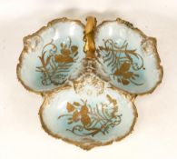 Martin China Limoges France Porcelain Trefoil Dish, heavily gilt with age realted wear to gilding.