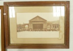 Framed Photograph of Passion Play Stage in Oberammergau Germany with Actors in Costume. Height: 52.
