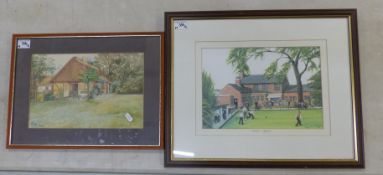 Two Framed Artworks, One Watercolour scene of a Garden setting monogrammed and dated EM 1946
