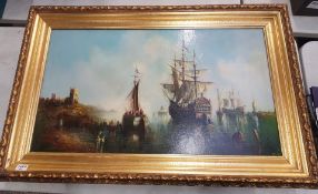 Large framed oil on board depicting a continental harbour scene overall size 107cm x 70cm