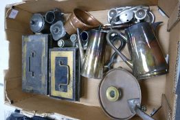 A mixed collection of items to include Resturges pewter items, vintage cash boxes, silver plated
