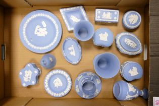 A Collection of Wedgwood Blue Jasperware to include Vases, Trinket Pots, Bell, Plates etc. (1 Tray)