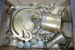 A mixed collection of brass items to include water can, WW2 era Egyptian tea bowls & kettle &