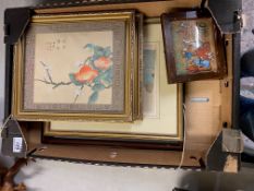 A collection of framed prints to include Two oriental pictures in gilt frame of bird on flowering