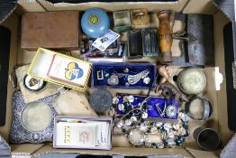 A mixed collection of items to include metal boxes, picture frame, pin badges, pendant ,