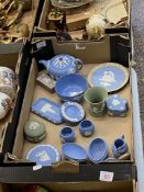 A collection of Wedgwood Jasperware including miniature teapot, sugar bowl, miniature jug ,