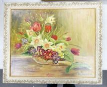 J. Richardson, 20th Century Floral Still Life, Framed Oil on Canvas. Signed and Dated lower right