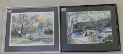 Ann WARRILOW, Two Riverscene Artworks, Pen and Watercolour. Height: 40cm Width: 48.8cm (2)