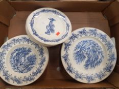 Williams Sonoma blue harvest pattern dinner ware items to include rimmed soup bowls, 8 salad plates,