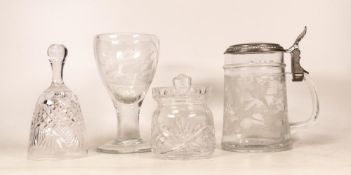 Four items of Crystal Glass to include Captain Cook Endeavour Engraved Glass, Lidded Sugar Bowl,