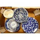 A mixed collection of items to include sloe blossom bowls, blue & white warming plates, Limoges bowl
