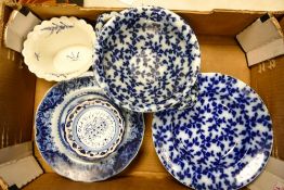 A mixed collection of items to include sloe blossom bowls, blue & white warming plates, Limoges bowl