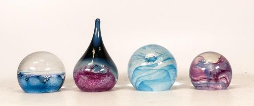 Four Caithness Glass Paperweights three circuar and one teardrop example. Height of tallest: 11cm (