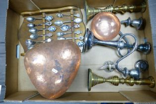 A mixed collection of items to include hand beaten copper footed fruit bowl, damaged brass push