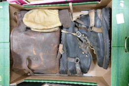 A mixed Collection of items to include vintage Scarpa soled mountaineering boots, vintage leather