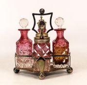 Cut Crystal Cranberry Cruet Set in Silverplated Stand, tarnish to stand.