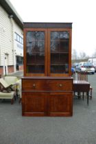 Victorian Secretaire Bookcase. Greek key pediment, two glazed upper doors with simplified column