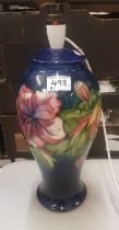 Moorcroft Hibiscus on cobalt blue ground table lamp, height to top of ceramic 33cm.