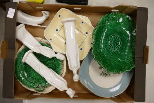 A mixed collection of items to include Wedgwood Cabbage ware platters, Spode & Royal Dux figures etc
