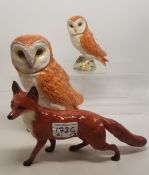 3 Beswick figures to include large barn owl 1046, small barn owl & large standing fox 1016