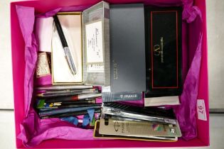 A collection of pens and refills to include swan fountain pen, Watermans with 18ct nib, Valentino