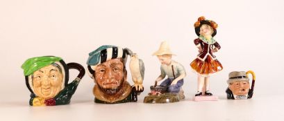Royal Doulton figures Pearly girl HN2036, River Boy HN2128 together with Toby jugs Falconer D6540,
