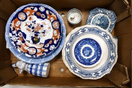 A mixed collection of items to include Masons mid century plate, Masons Manchu dinner plates, blue &