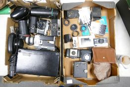 A mixed collection of vintage film camera equipment to include EXA 500, Canon Canonete, Cased