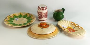 A collection of Clarice Cliff & similar pottery items to include Tonquin patterned Sugar Shaker,