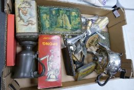 A mixed collection of items to include boxed spong mincer, pewter tankard, vintage tin boxes,
