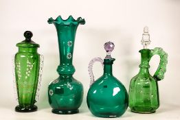 Four Victorian Green Glass Bottles and Vases to include three enamelled examples. Height of tallest: