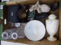 Mixed collection of items to include crystal decanters, 2 pairs of binoculars (one vintage, 1