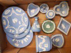 A collection of Wedgwood jasperware items to include teal pin dish, small planter, bud vase, wall