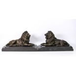 Pair of cast bronze desk top lions on marble plinth, signed Barye, length of each base 31cm (2)